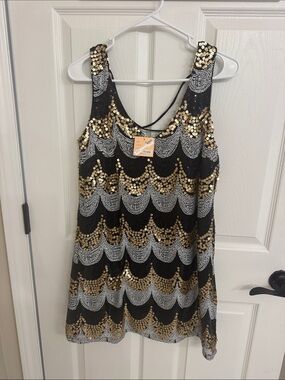 Black Sequin Mini Dress with Gold & Silver Scallop Accents